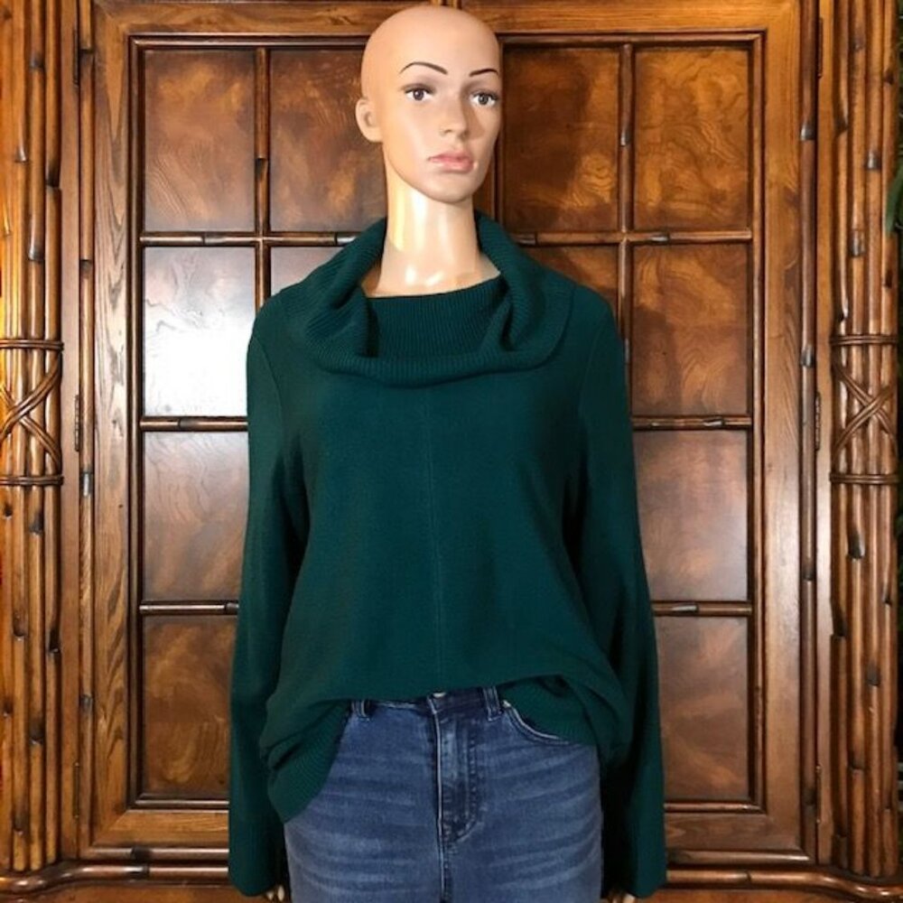 Knit by Hampshire Studio Teal Cowl Neck Ribbed Trim Shark Bite Sweater
